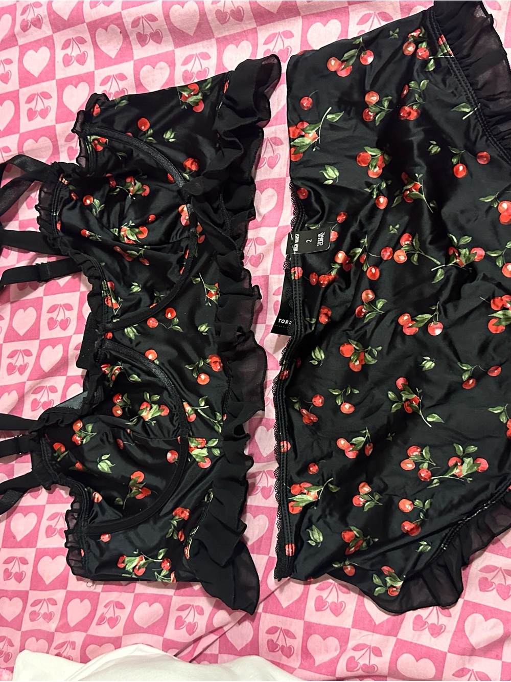 Black Cherry Print Ruffle Bra & Brief Set